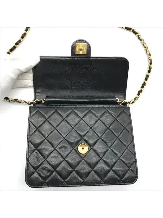 Chanel Quilted CC Logo Push Lock Lamb Leather Chain Shoulder Bag Black Purse - Picture 7 of 10